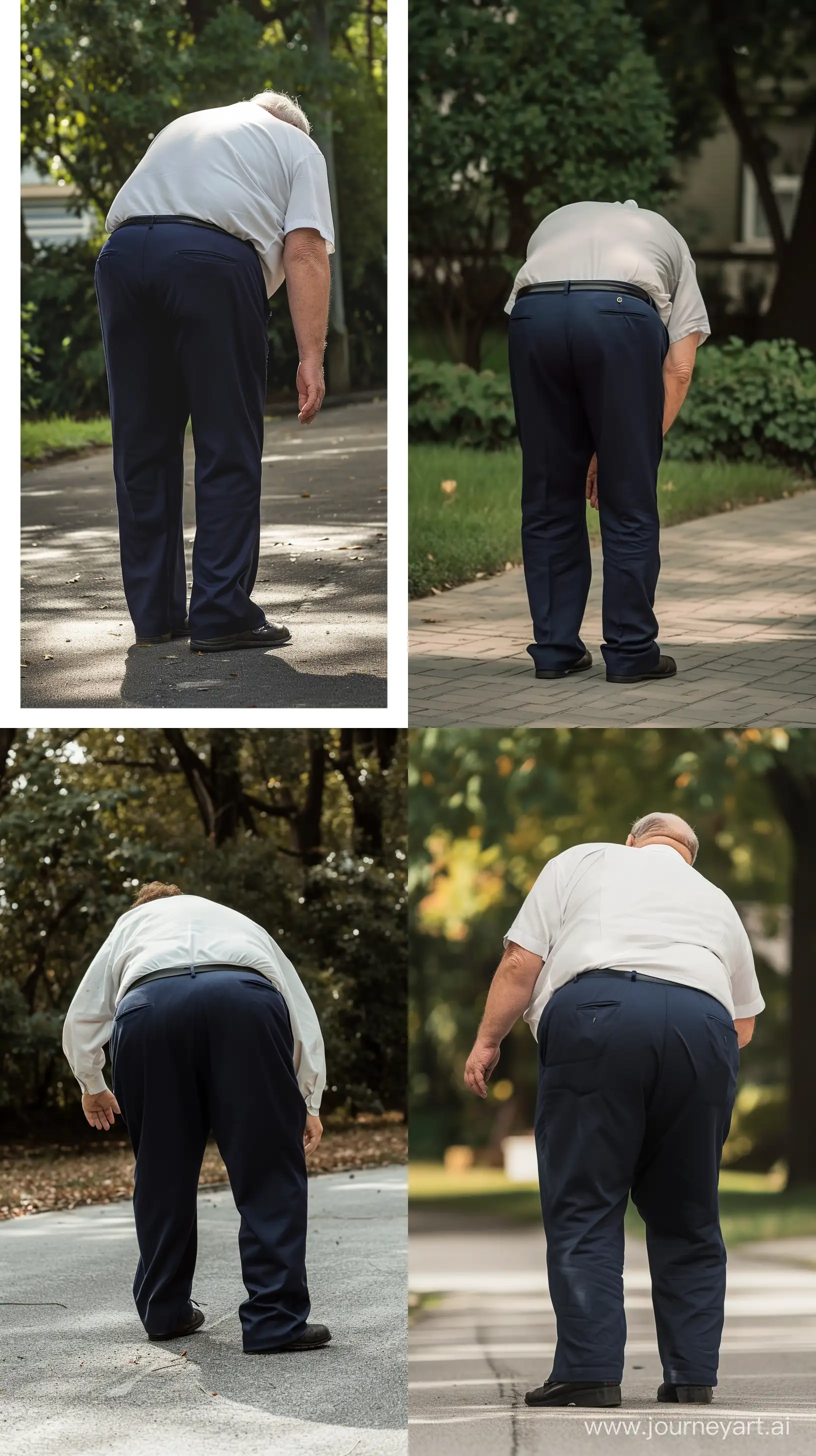 Back view photo of a chubby man aged 70 wearing navy pants and a white shirt. He is bending over. Outside. --style raw --ar 9:16 --v 6
