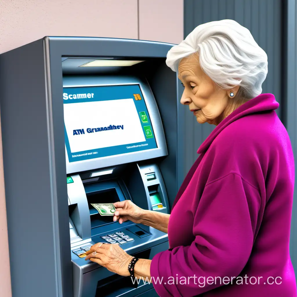 Мошенник заставляет бабушку положить деньги в банкомат
