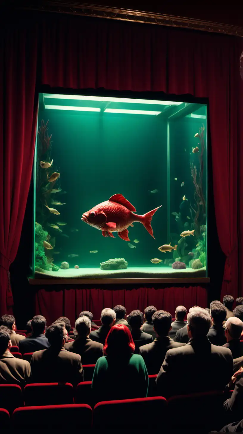 realistic, cinematography, Amélie, 

An  empty human-sized fish tank sits on a stage that has red curtains.  a crowd of men watch 