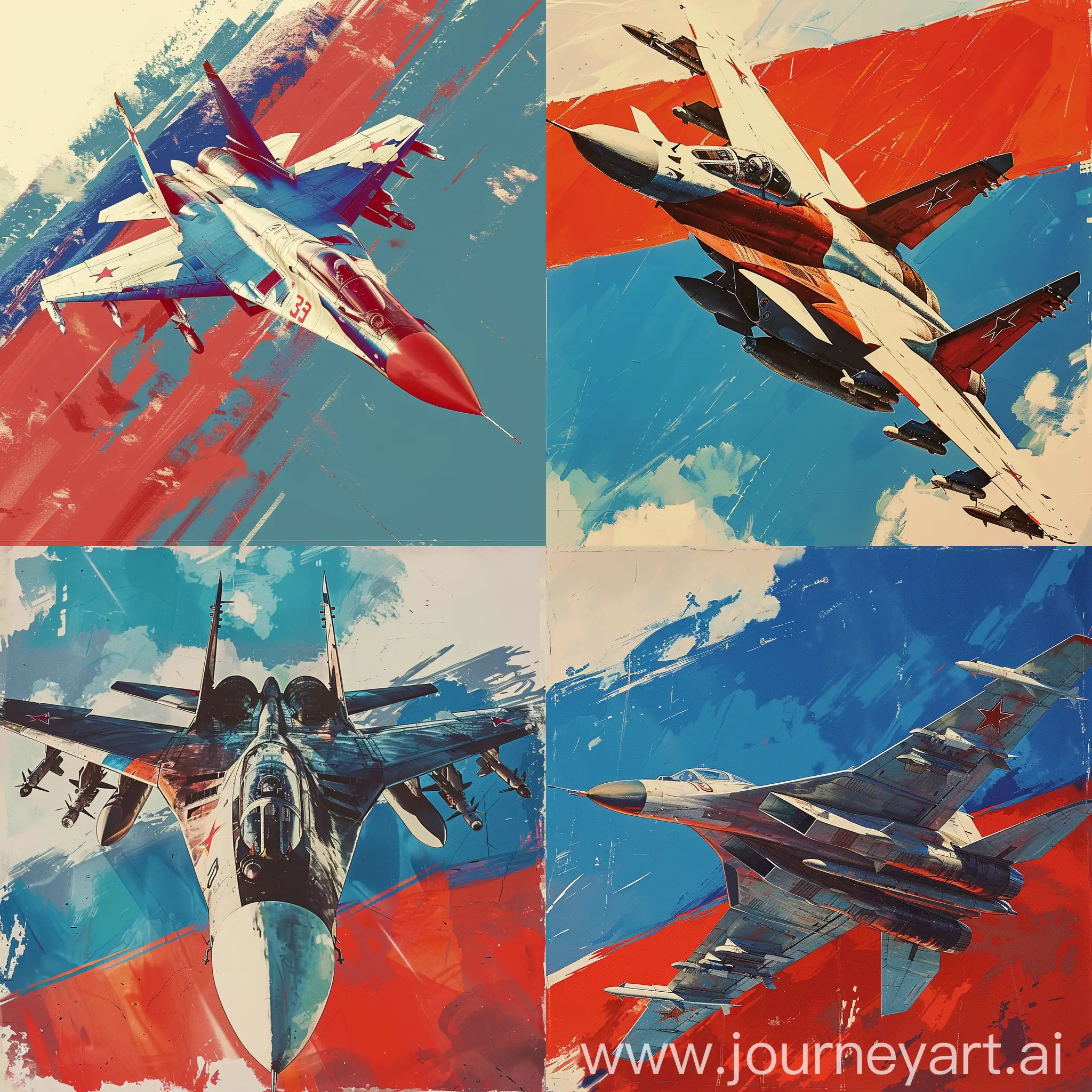 Modern Russian Mig-29 aircraft, cool weapons, sky in the color of the Russian flag, in the style of a Soviet postcard, epic