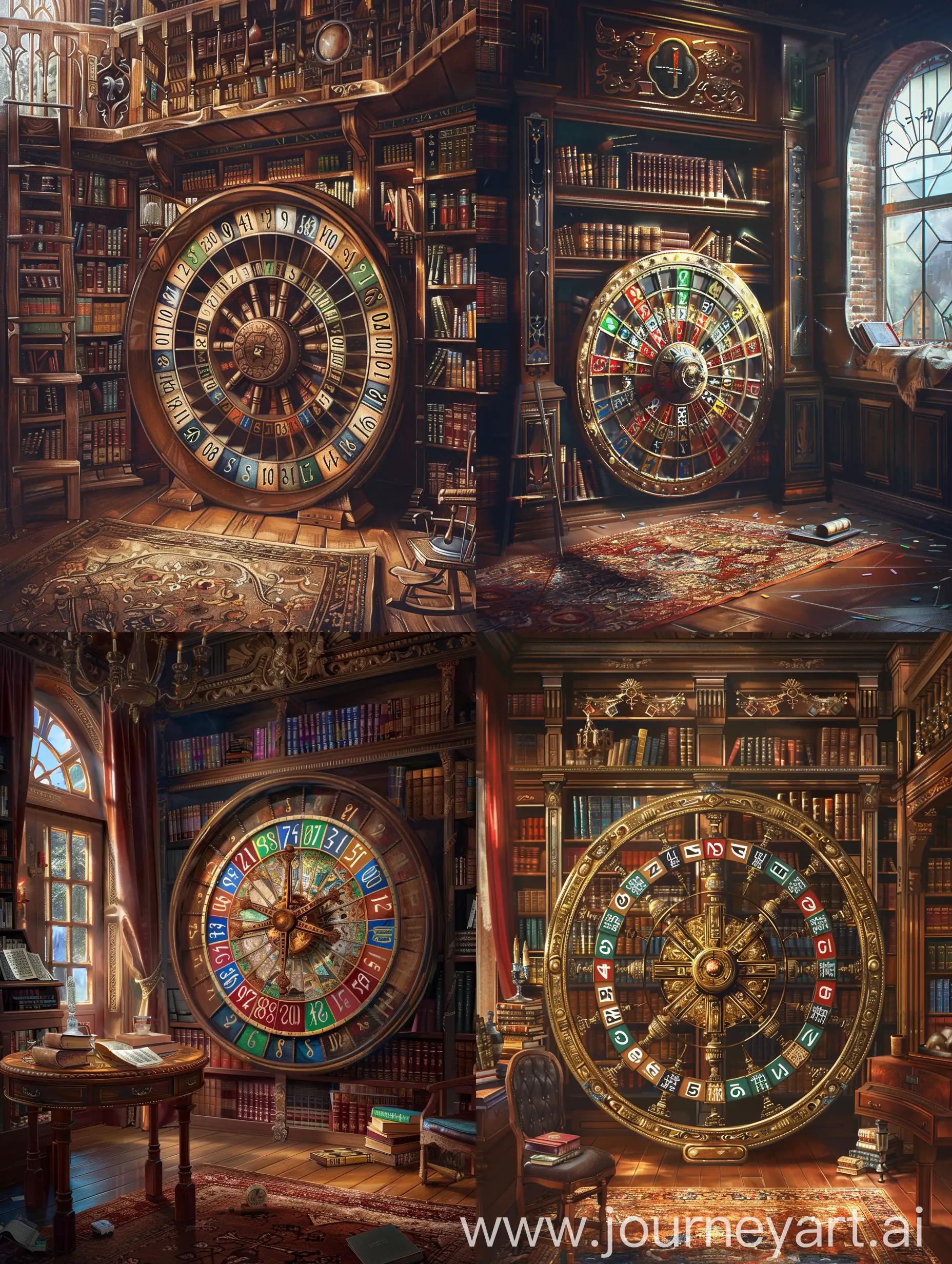 Elegant-Library-Interior-with-a-Spinning-Wheel-of-Fortune
