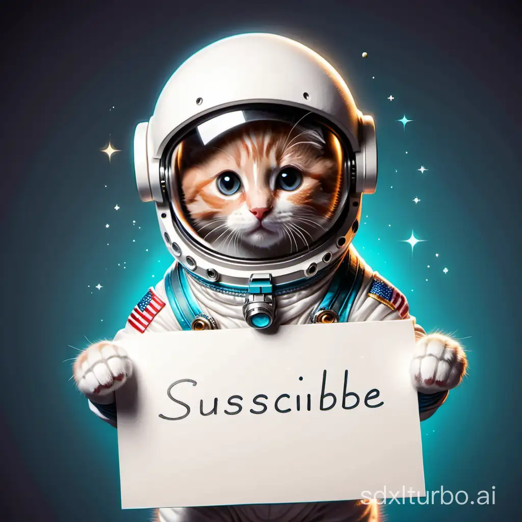 ANTHROPOMORPHIC KITTEN DRESSED AS AN ASTRONAUT WITH A SIGN IN HAND WRITTEN SUBSCRIBE