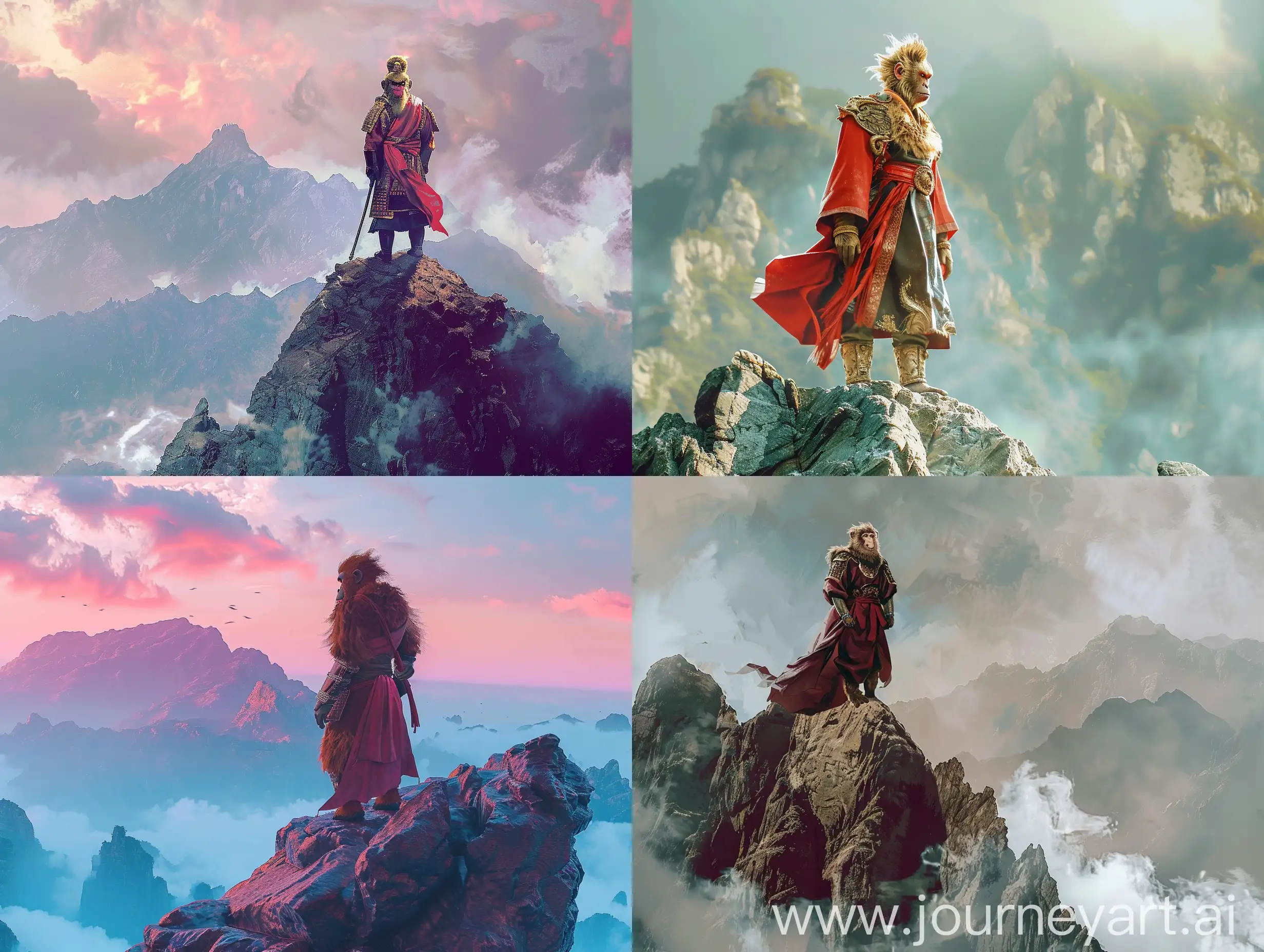 Draw Monkey King standing on a mountain, color, real lighting
