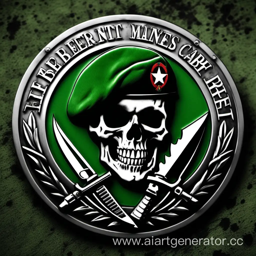 The round emblem is a skull in a green beret that was pierced with knives