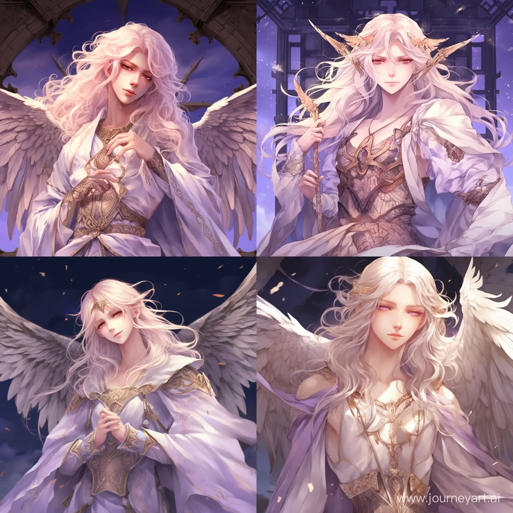 Anime, Angel, Albino, male, white long hair and long bangs, pale skin, purple beautiful eyes with long, thick white eyelashes, pale pink thin lips, slender, graceful, with chiseled shoulders, thin waist and sharp hips in Egyptian clothes, a button nose, sharp and elegant facial features