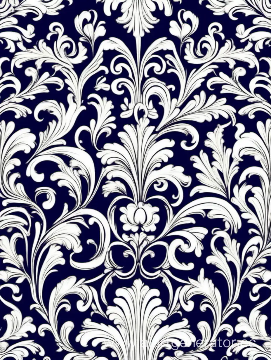 a pattern of floral, Baroque movement, repeating pattern, white and dark blue vector illustration