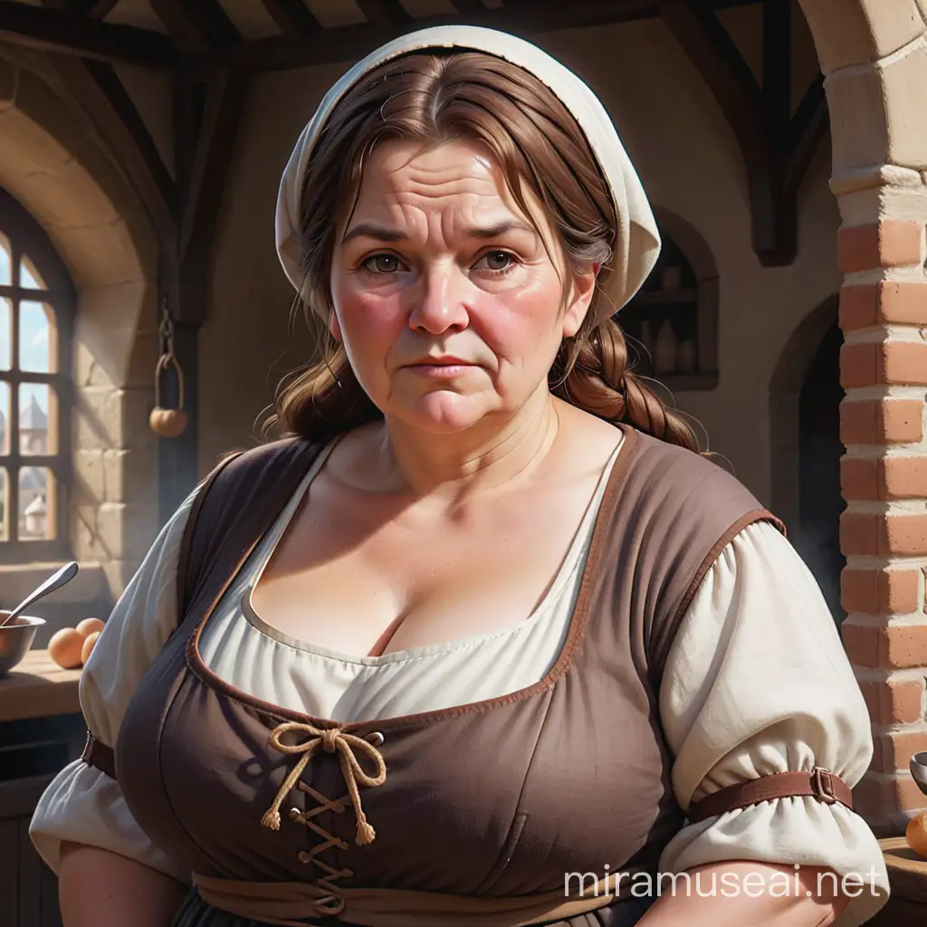 Medieval Plump Old Cook with Brown Hair and Robust Build