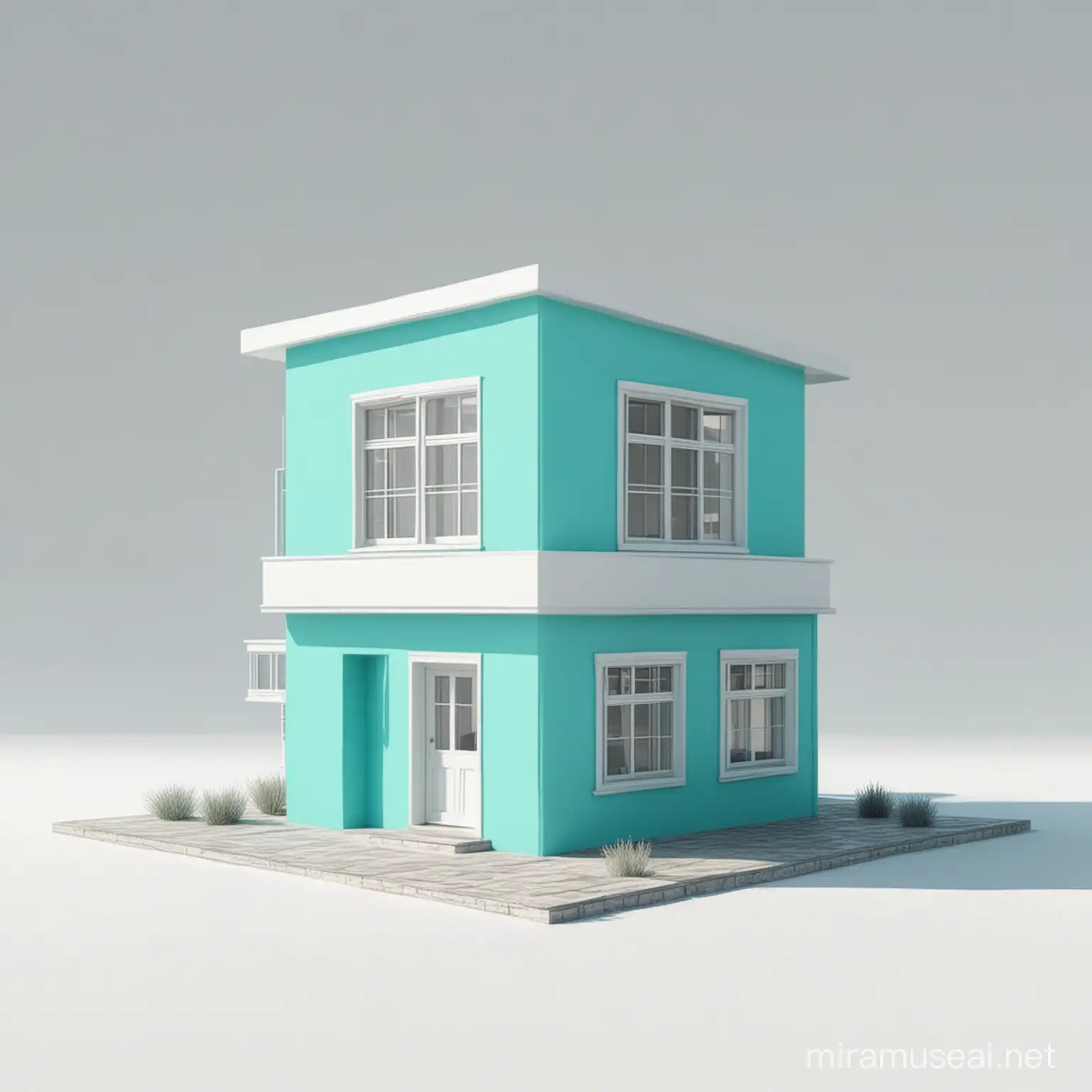 Casa cuadrada color turquesa  en animación 3d y fondo blanco