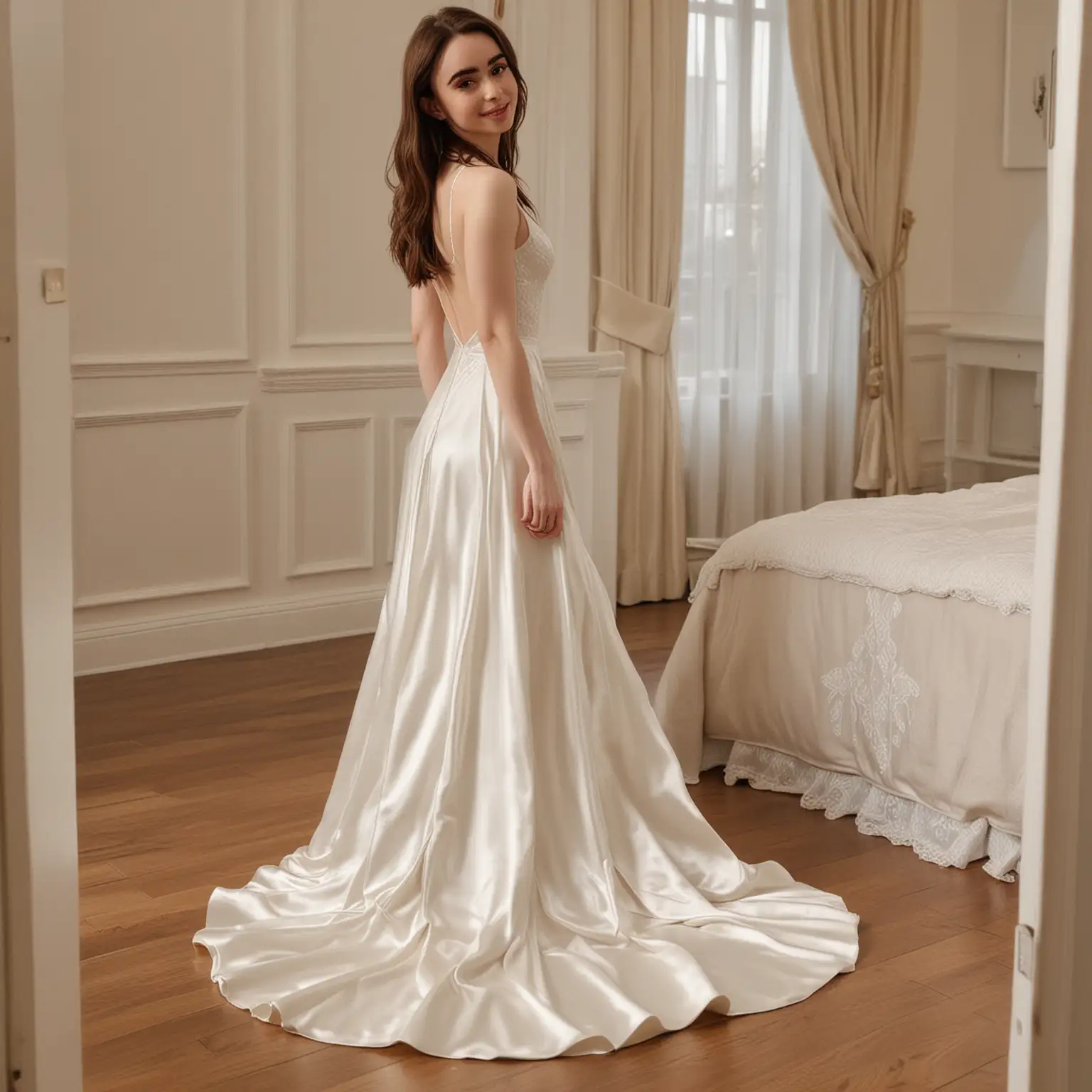 Lily Collins in Elegant Ivory Satin Princess Gown