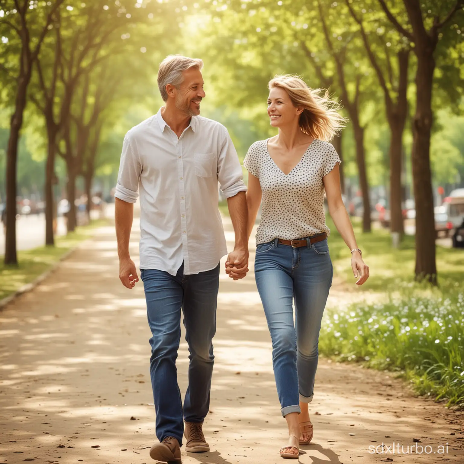 middle age couple dinamic move summer happy stock photo high resolution blurred background outdoor city park bokeh motion blur casual