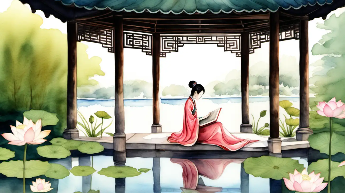 Chinese Princess Reading Book Surrounded by Lotus Flowers in Gazebo Watercolor Painting