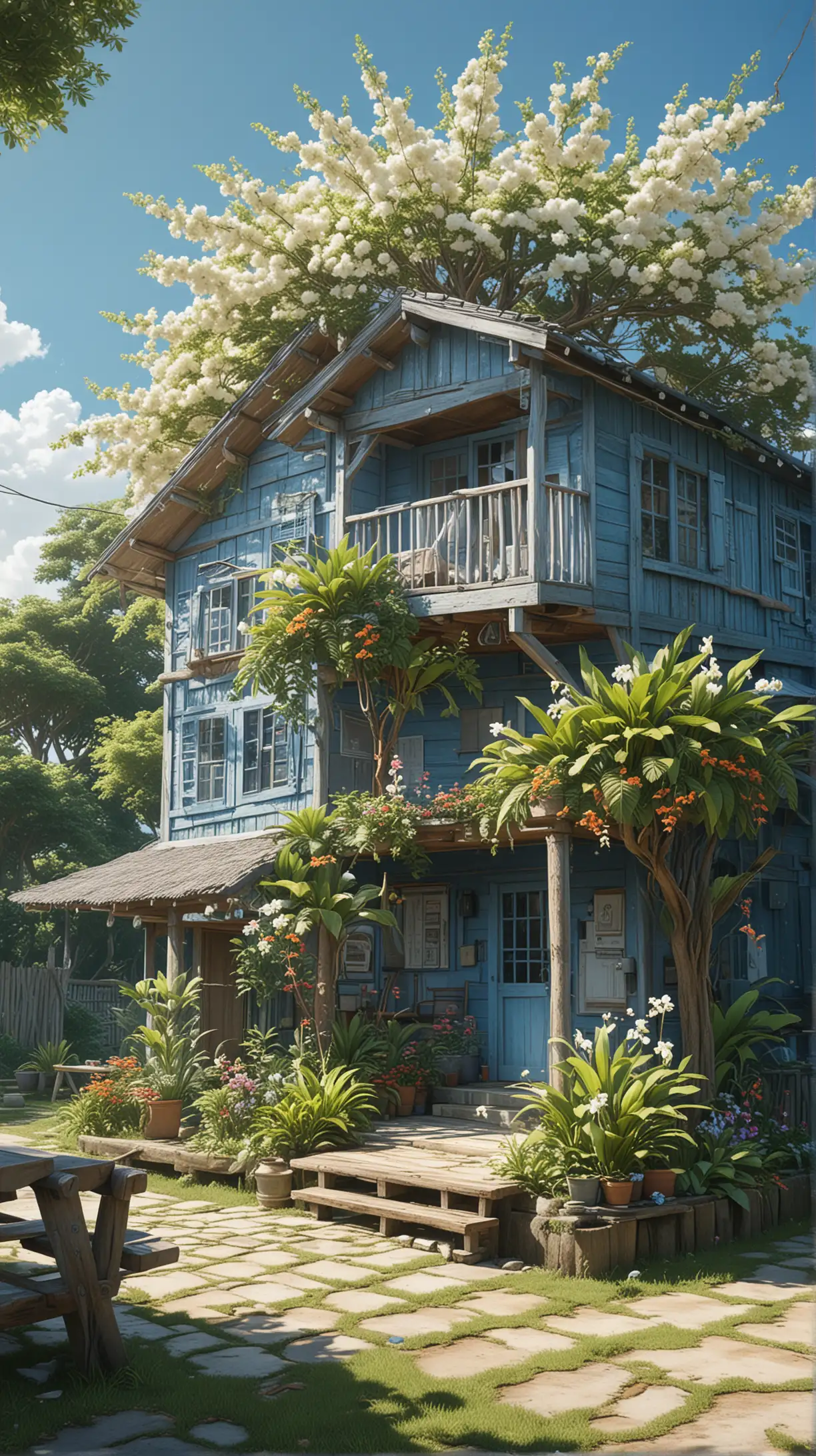 see from front of blue painted of typical wood cabin house in tropical country, potted tropical variant flora and plants, beautiful vibrant flowers, white orchide jang on the tree, beautiful blue sky and fluffy clouds, big tree with old wood bench under the tree, wire and wood pole, super ultra detailed, perfect drawing, radiant, best composition, best digital paiting, acrylic palette colors, 8k render, stable diffusion, --ar MJ V 6.0, best illustration, anime, ghibli studio style, makoto shinkai style, codex_401 style, 3D effect, full shot photography style, trending pixiv fanbox, best realistic , visi canvas style

