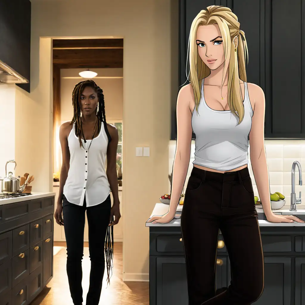 an african american female dressed in a long sleeve white button up shirt, black slack pants and a black trench coat her hair in long dred locks stands left frame in dimly lit afluent kitchen by the dining table facing forward. On the right frame is A beautiful white woman with long blonde hair lurks by the kitchen sink dressed in a white tank top and blue jeans in the foreground worried facing forward