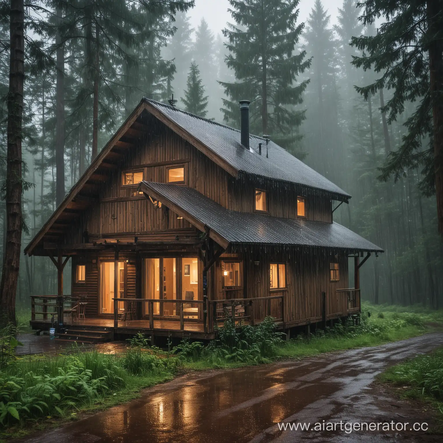 Cozy-Wooden-Cabin-Amidst-Lush-Forest-During-a-Gentle-Rain