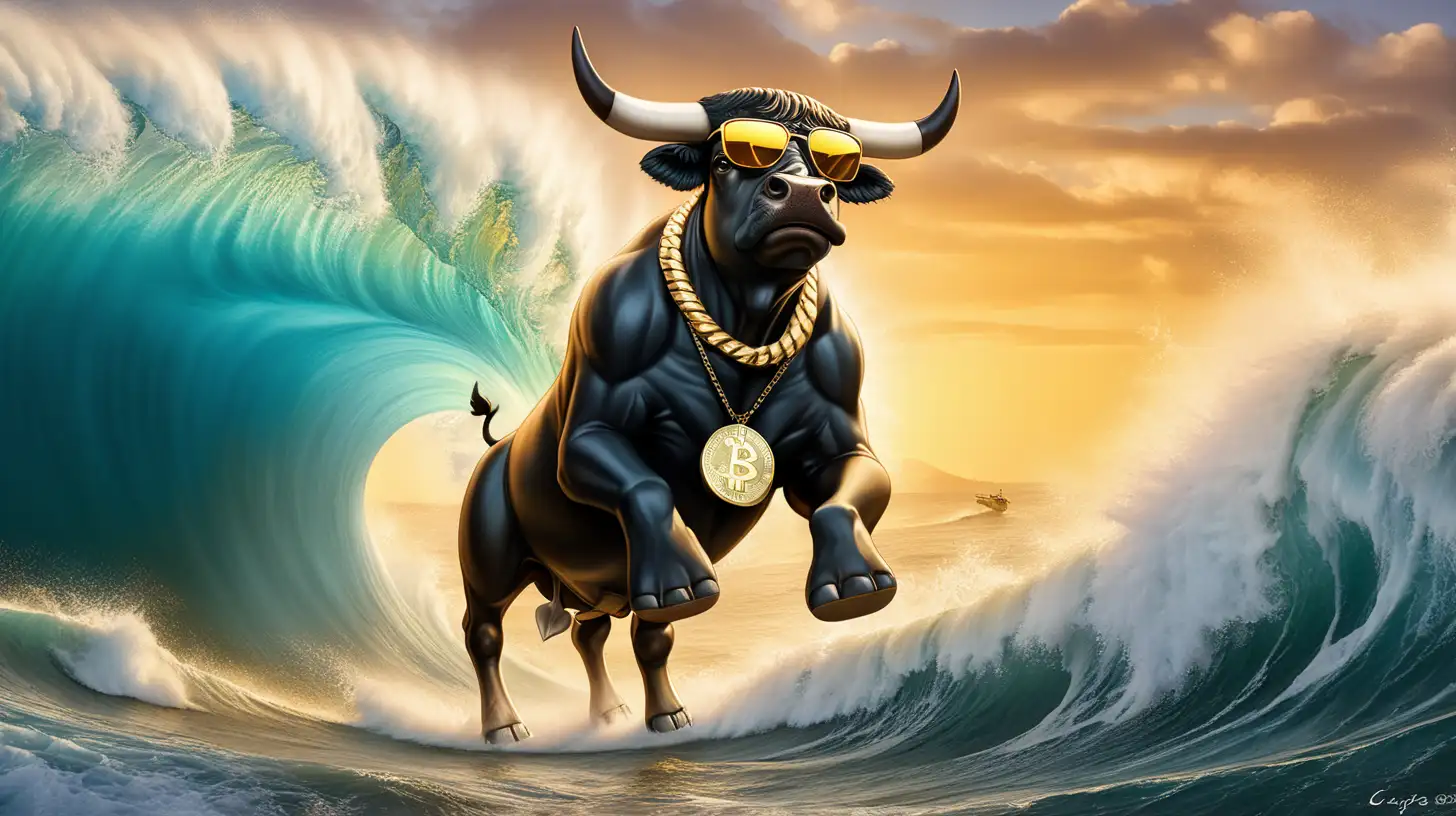 crytpo bull surfing on a huge tsunami wave and the backdrop should have 2024 written on it. Bull should wear some shades and a big gold thick necklace with btc as the pendant. i Also need 2024 to be written on the sky like some graffiti