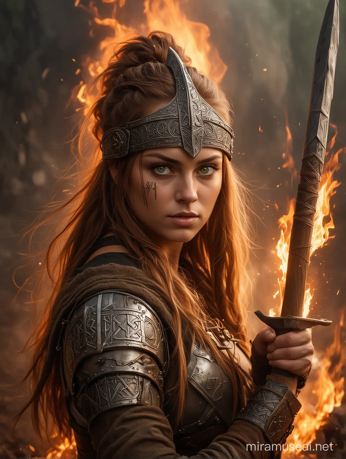 a walkure as a beautiful light brown hair green eyes young woman armed with germanic spear the blade of which is decorated with Futhark runes, wearing an ancient germanic helmet and a shield is in a middle of a cercle of fierce fire flames