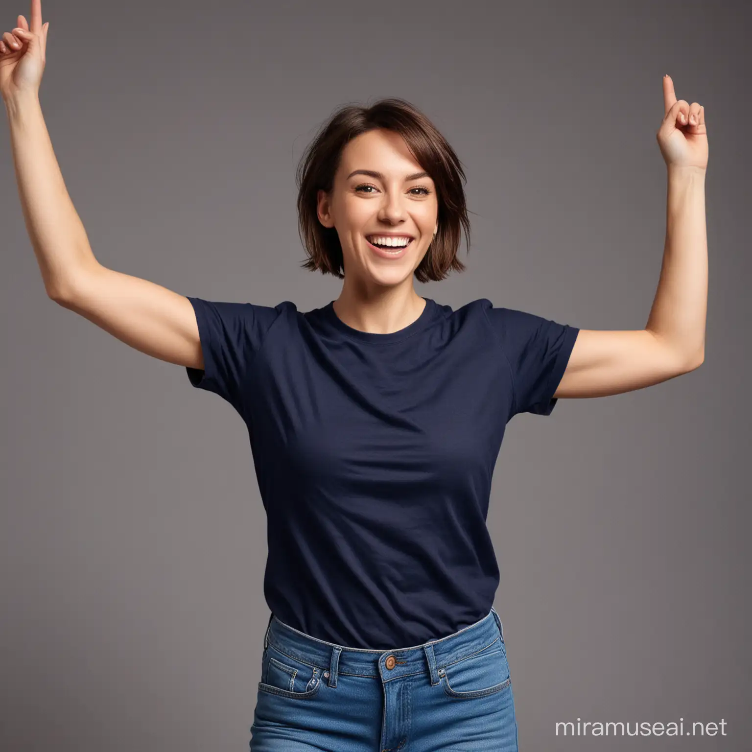 A woman with brunette short hair in a navy t-shirt facing the front and dancing for joy 