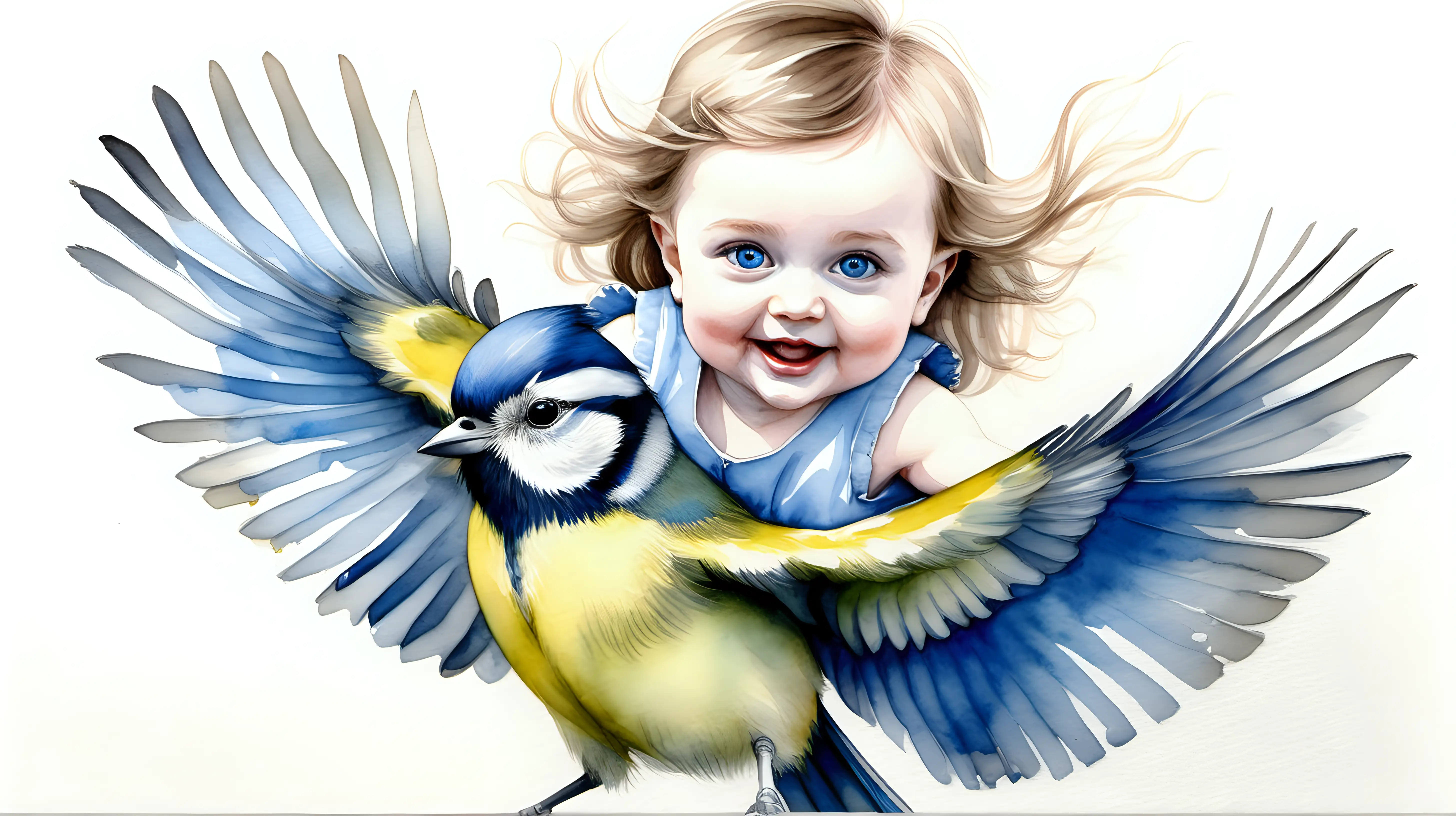 A watercolour painting of beautiful blue eyed baby girl with darkblond hair riding on the back of a bluetit







