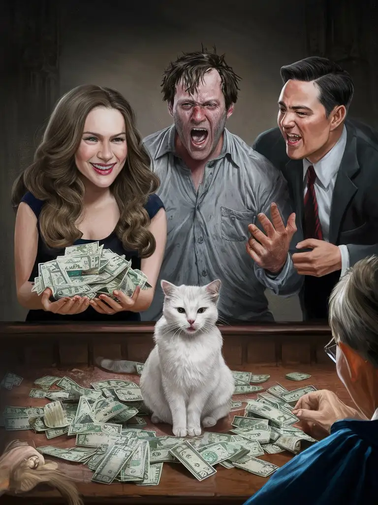 court room, white cat on table, plaintiff smiling lady with long brown hair, accused screaming, money on table, attorney smiling