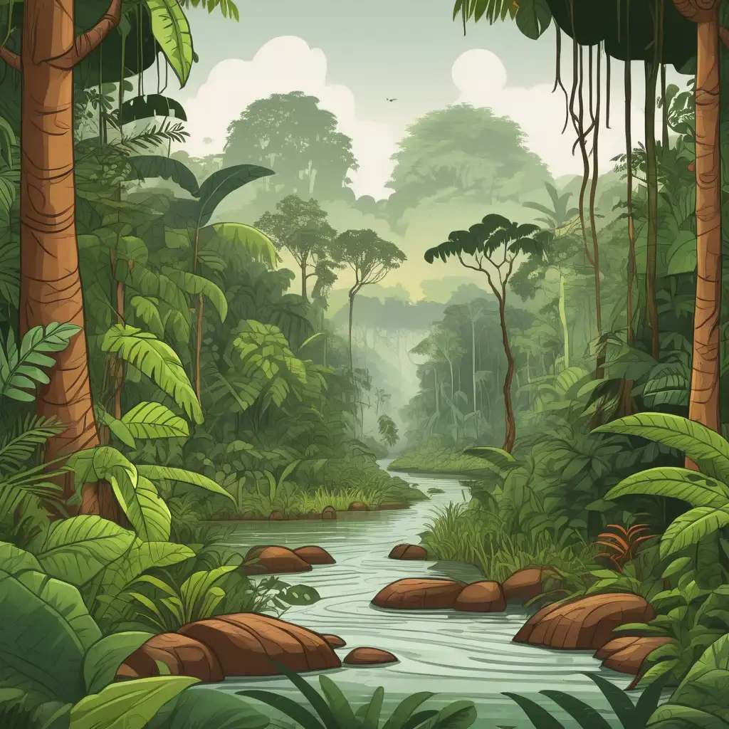 Lush Cartoon Depiction of the Amazon Rainforest and River