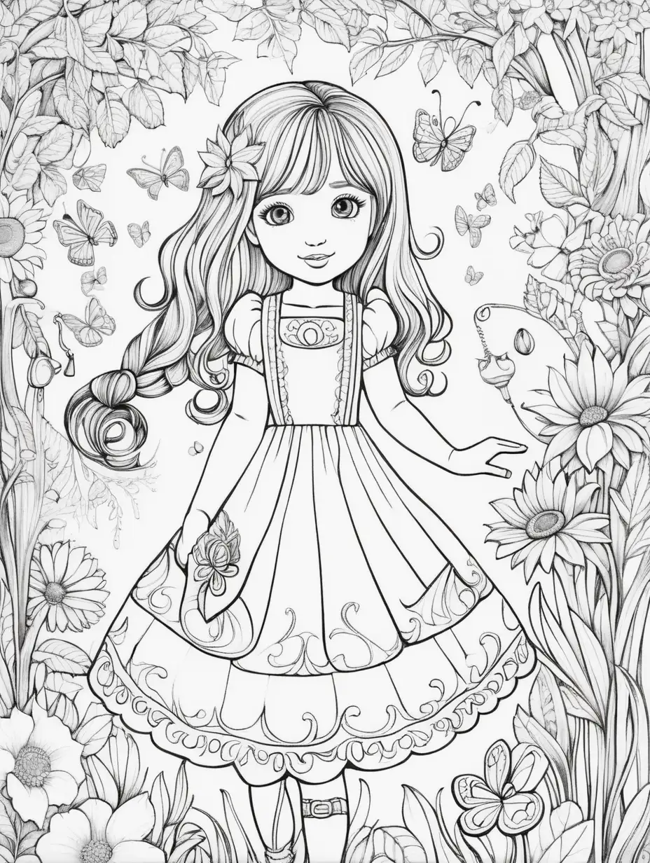 Childs Coloring Book creates page per description:

Description:
Open the cover of this magical coloring book and embark on a whimsical journey into the dreams of a little girl. As you turn each page, you'll be greeted by enchanting illustrations that spark your imagination and invite you to add your own vibrant colors.
