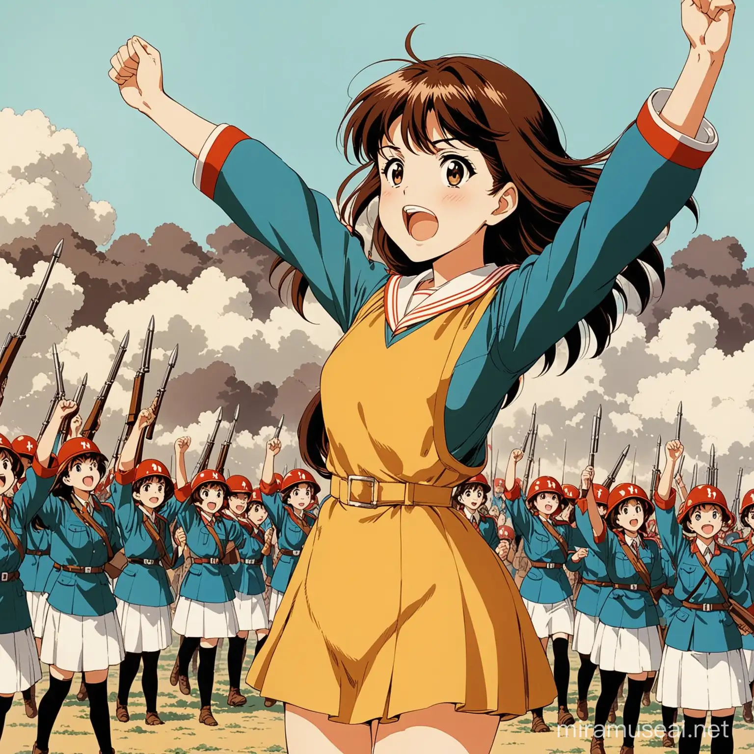 a student is celebrating a victory on a battlefield. vintage anime.

