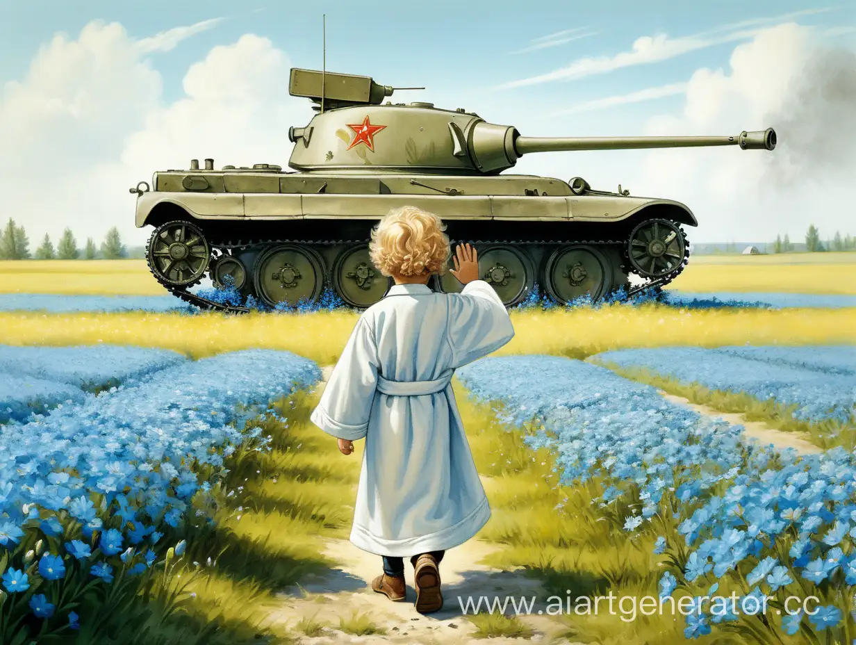 Кудрявый золотоволосый мальчик провожает руками далеко советский танк. Одет мальчик в длинную белую рясу, стоит спиной. Поле цветет голубыми цветами