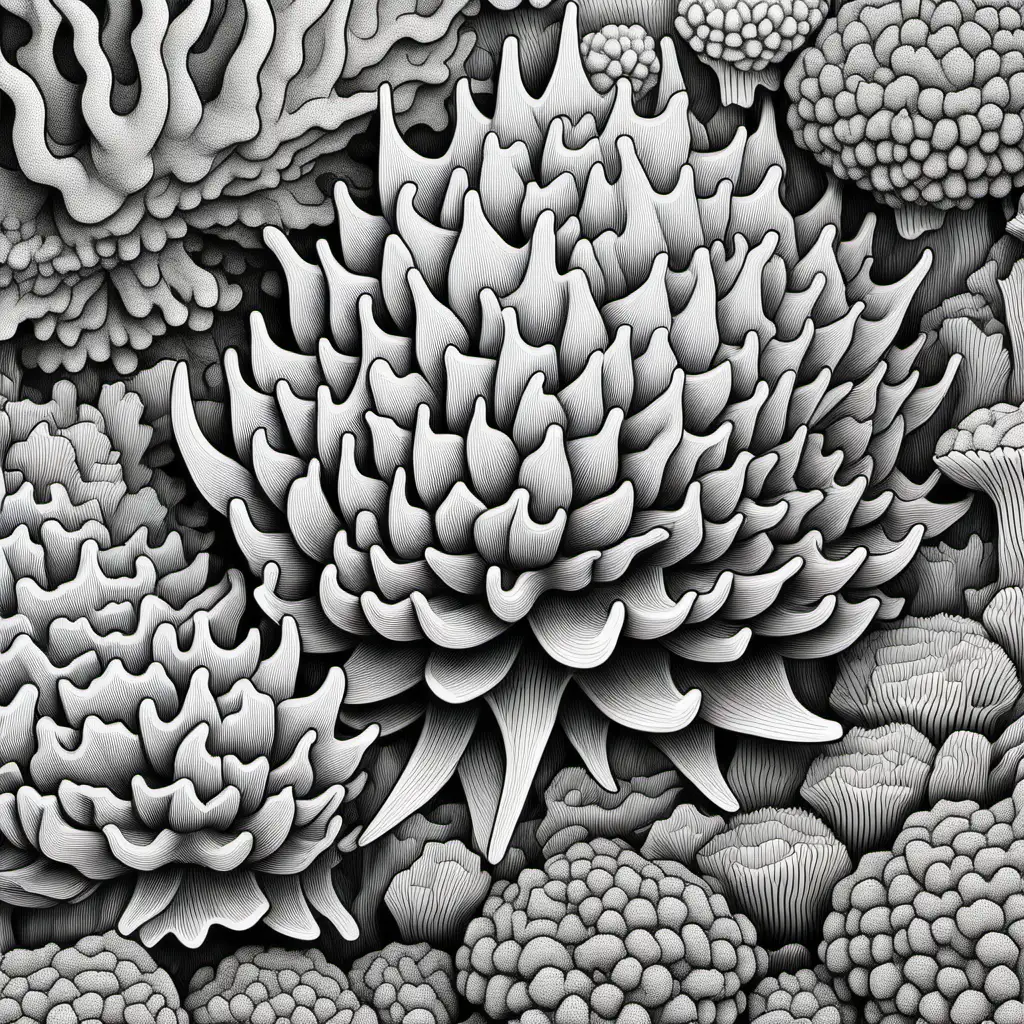 adult coloring book, black and white. Illustrated, dark lined, no shading, highly detailed. A 3d tessellation of coral.