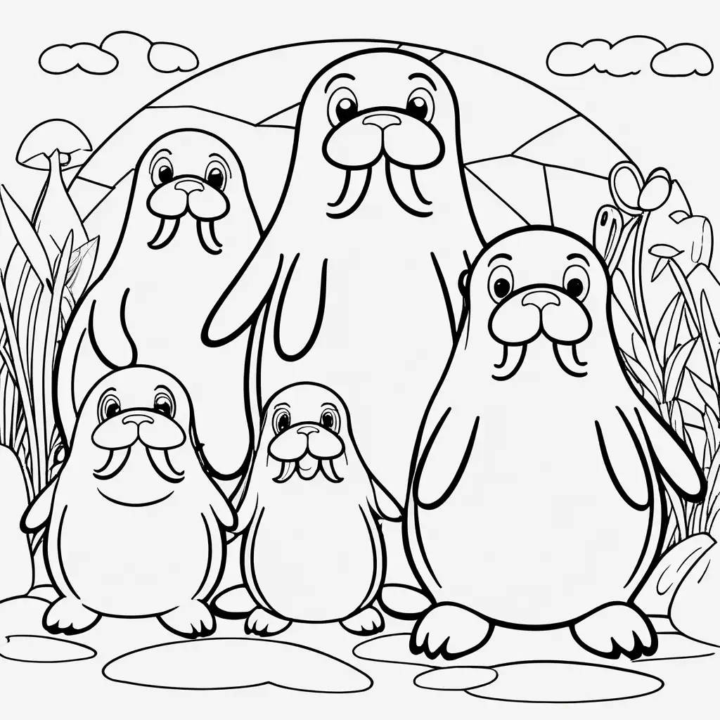 Create a coloring book page for 1 to 4 year olds. A simple cartoon cute smiling friendly faced walrus and its friendly faced parents with bold outlines in their native enviroment. The image should have no shading or block colors and no background, make sure the animal fits in the picture fully and just clear lines for coloring. make all images with more cartoon faces and smiling