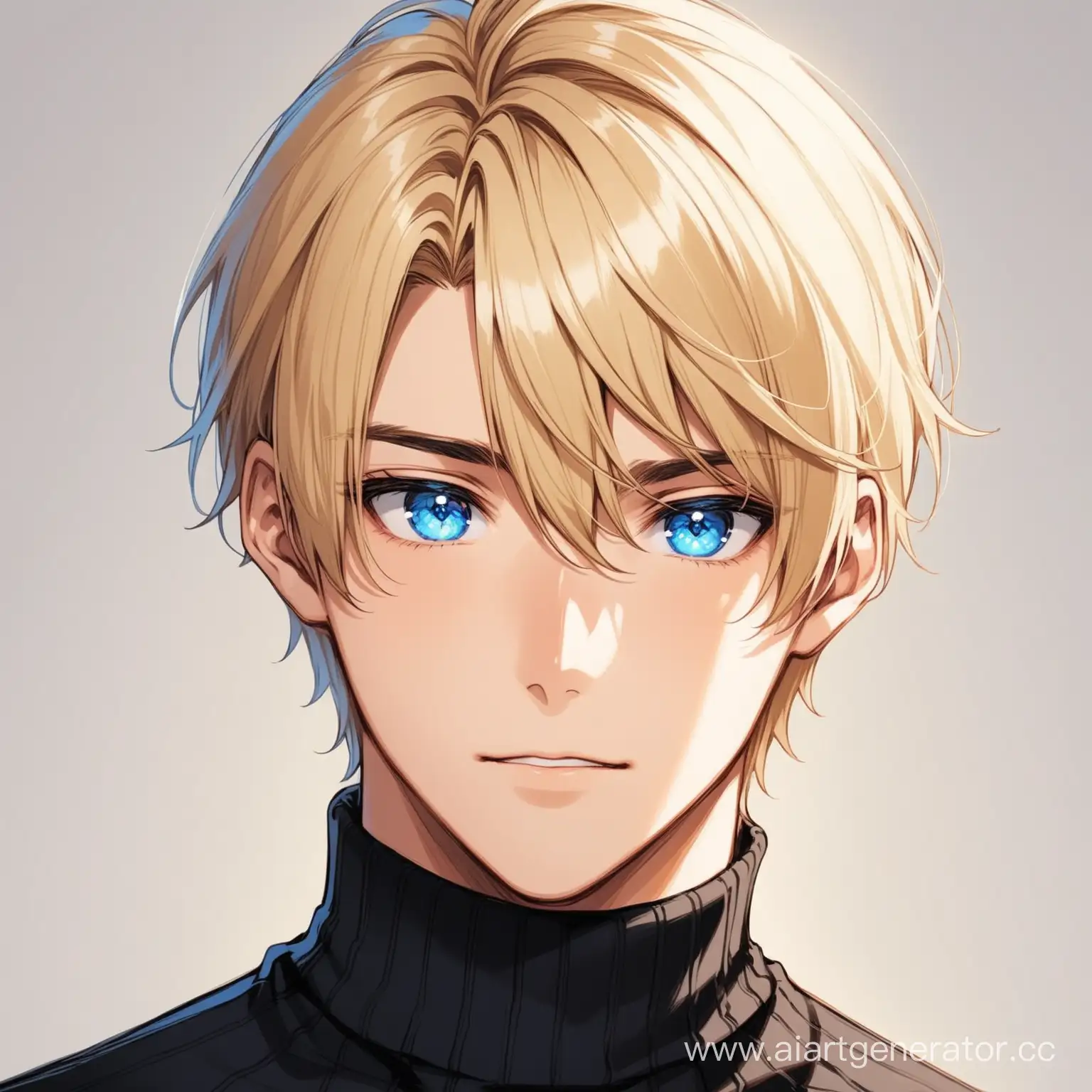 Cute guy, blue eyes, short blond hair, wearing an black turtleneck
