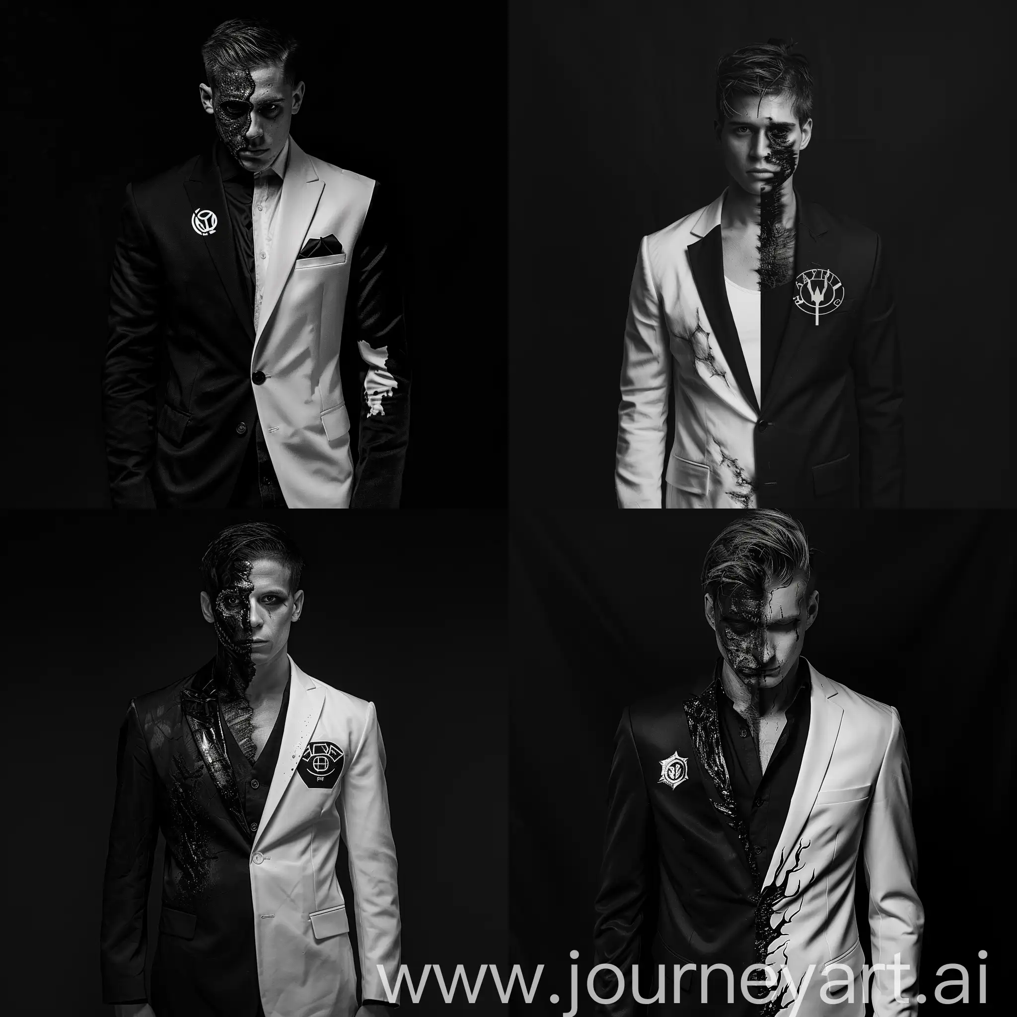minimalistic, man, two face, one side of his face is burned, he wears a half black and half white blazer, logo, black background, black and white