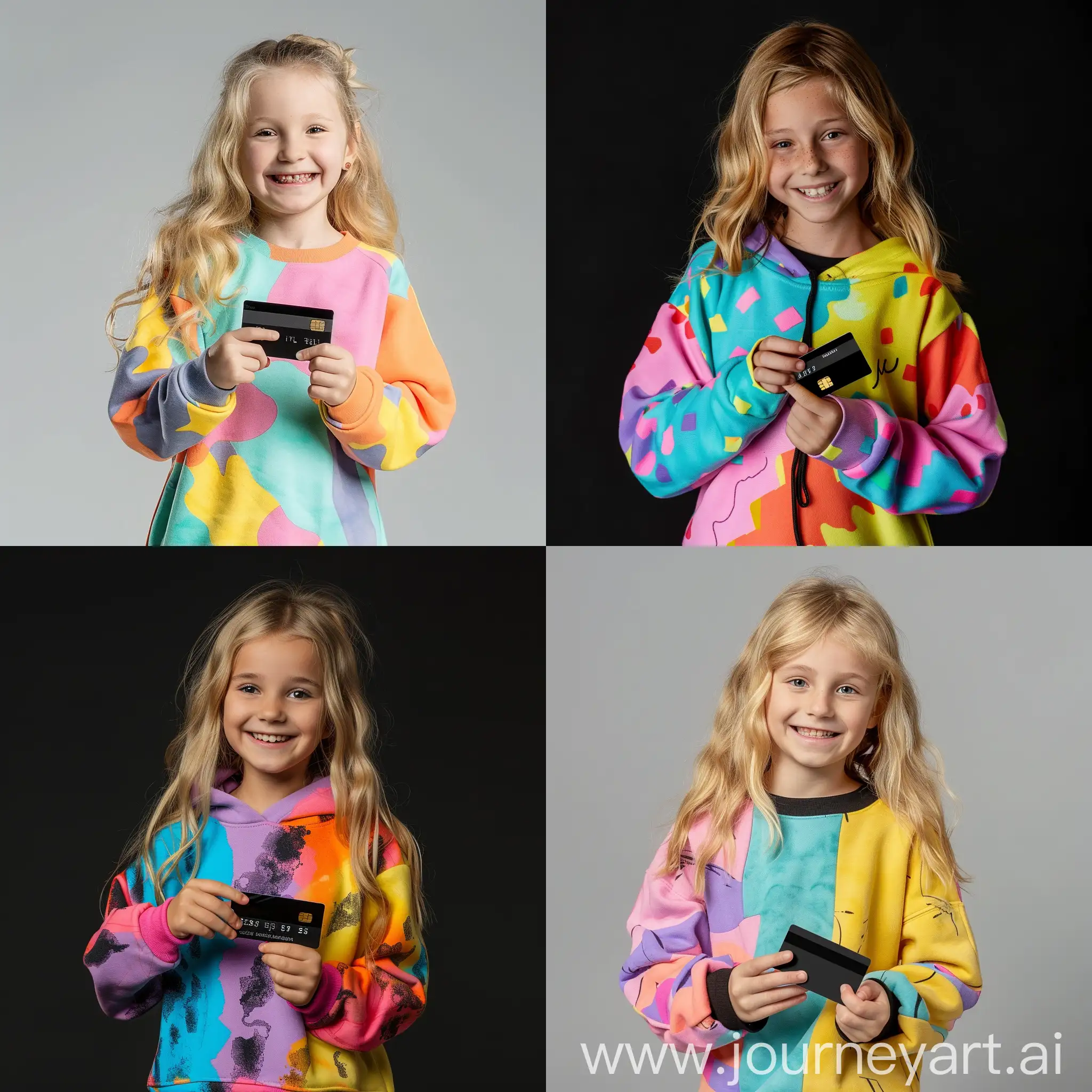 Create a photo: Detailed, super-realistic full-length photo taken from a distance of 3 meters of A very young blond  haired European natural teen girl in a colorful  sweatshirt is smiling and holding a black credit card in her hands full-length photo so that her hands are fully visible
