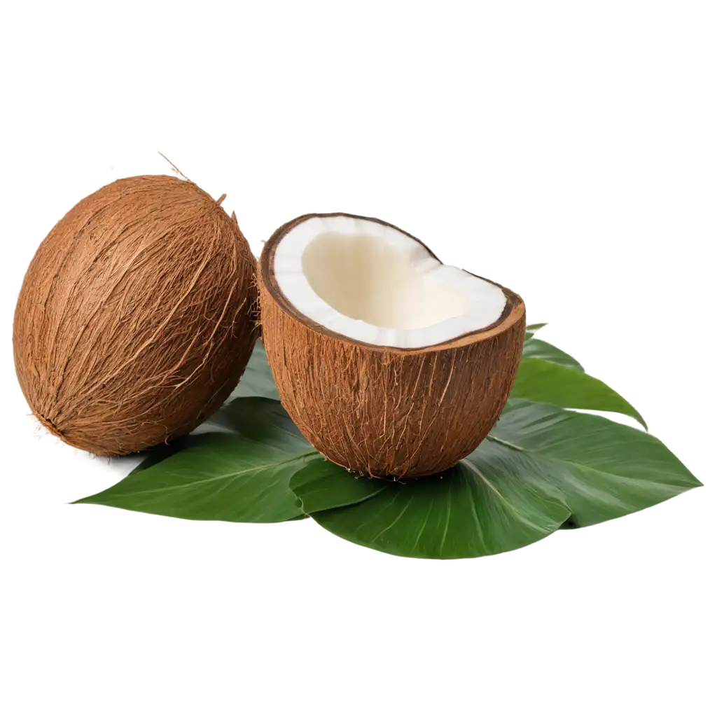 whole coconut with coconut leaves and coconut cut into two with coconut jam in a jar