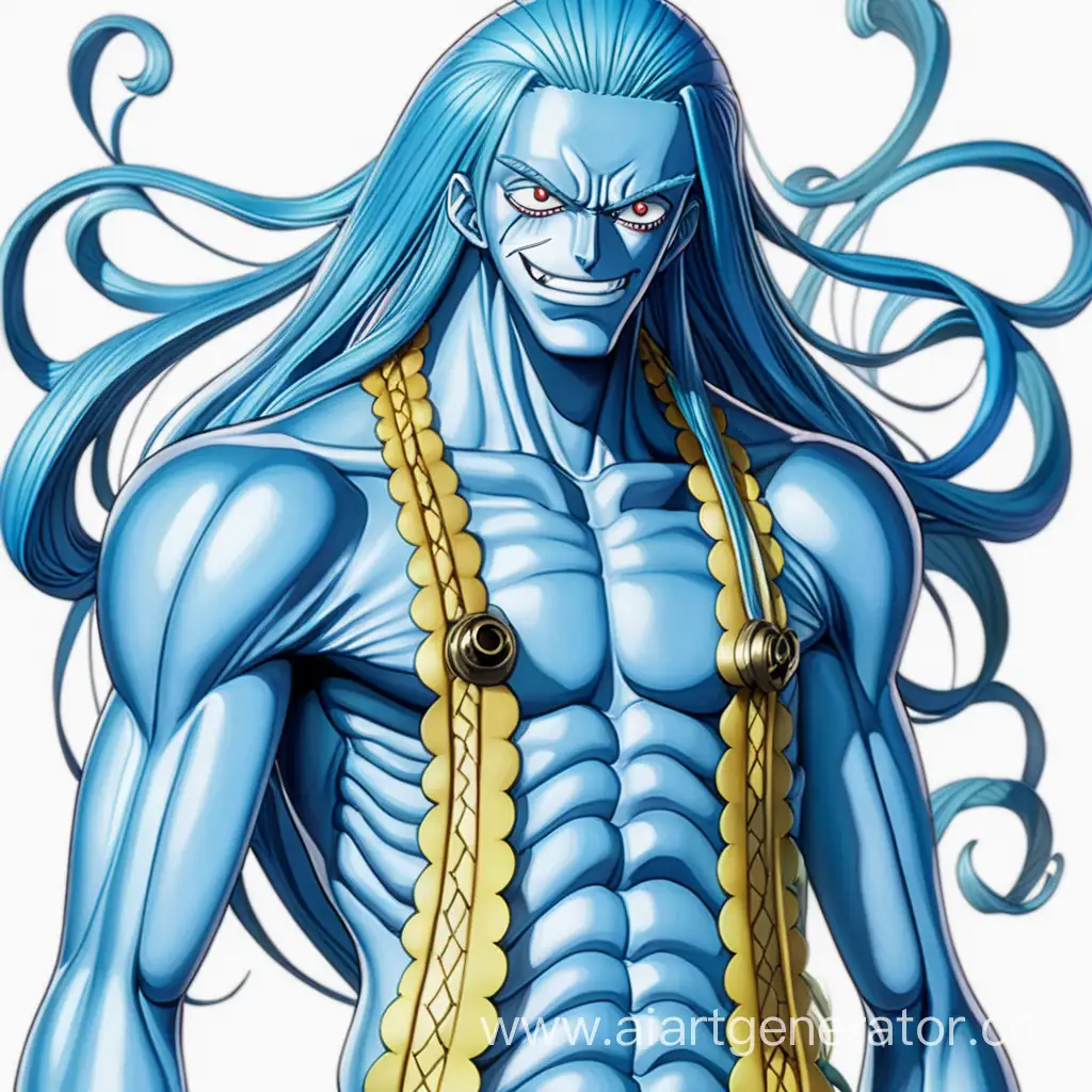 Рыбо-человек из аниме Ван Пис, с синей кожей, высокий, длинные волосы, худой, молодой.