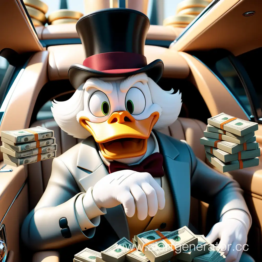 Богатый успешный скрудж макдак с кучей денег сидит в дорогой машине ролс ройс