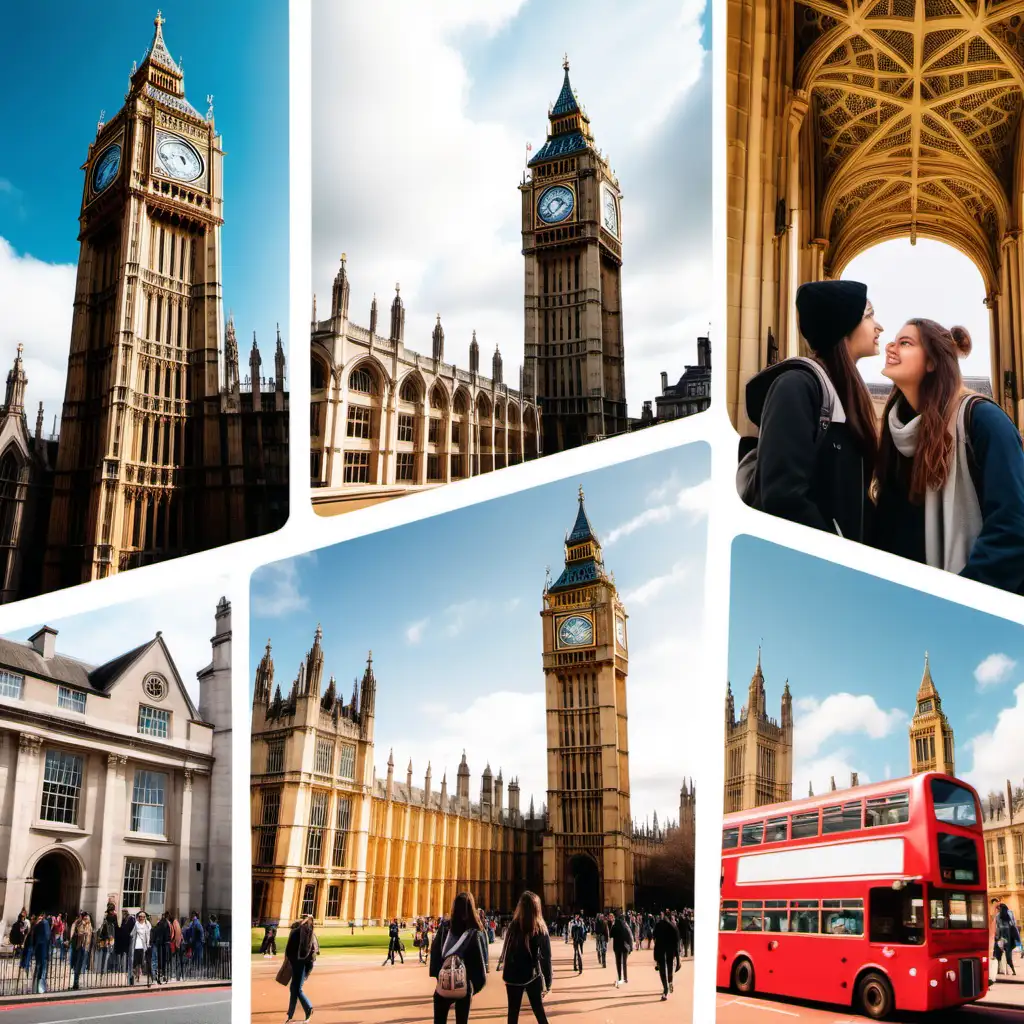  "Create an Instagram-worthy image showcasing the vibrant academic atmosphere of studying abroad in the UK. Incorporate iconic UK landmarks like Big Ben or Oxford University, alongside diverse cultural elements representing the global student community. Use dynamic visuals to capture the excitement of learning, exploration, and personal growth in the UK."