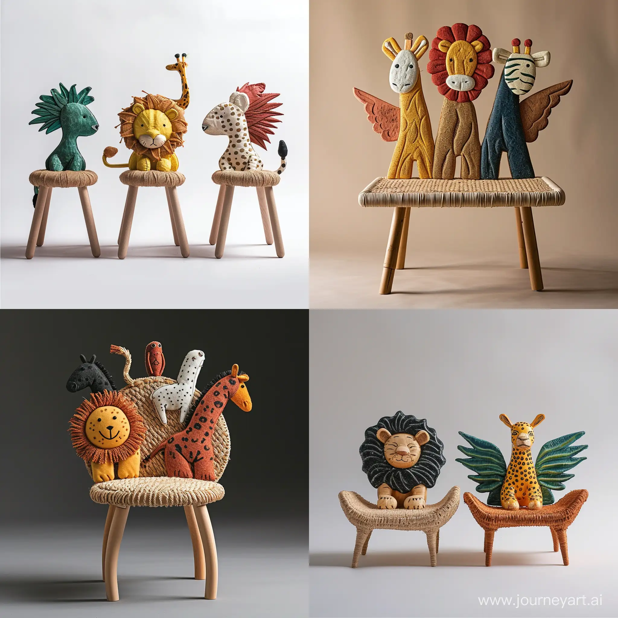imagine an image of a minimal kids friendly  sturdy children’s chair inspired by Children's drawing of cute safari animals like cute lion or zebra or griffin or cheetah or hippocampus , with backrests shaped like different creatures. Use recycled wood for the frame and woven plant fibers for seating areas, depicted in colors representative of the chosen animals. The seat should stand approximately 30cm tall, built to educate about wildlife and ensure durability.unreal ,realistic style