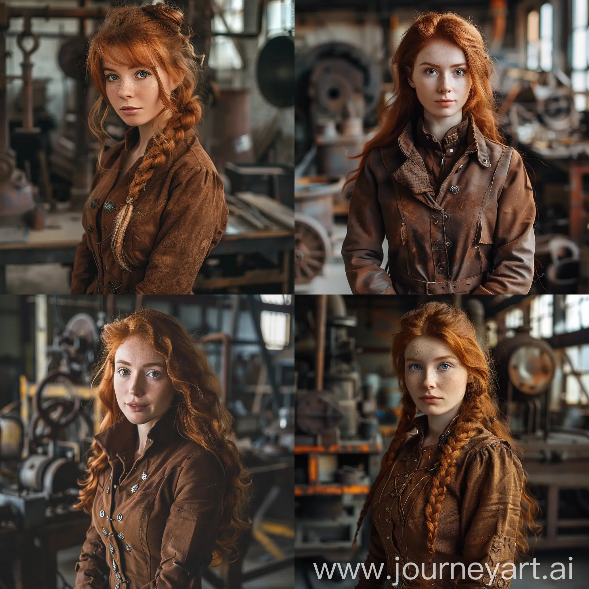 beautiful middleaged redhead girl, inventor, engineer, height 140 cm, brown medieval jacket, metallurgical workshop in the background, fantasy