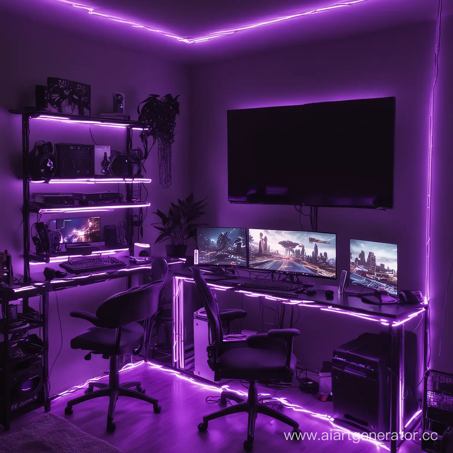 gaming setup room, purple neon light
