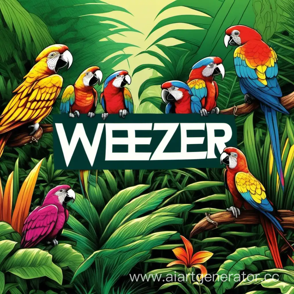 I think of a loucious jungle with oppulent fauna and flora. Like colorful birds parrots and orchids. in the middle there is a bit of room to place a logo. Put 'Weezer' in there 
