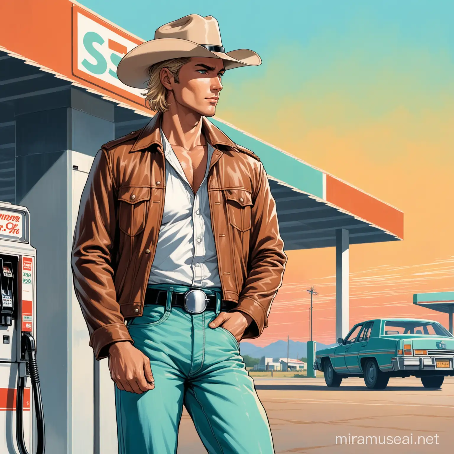 A handsome American policeman, in semi-realism art-style male in almost semi-anime-like, late thirties, with typical 1980s clothes. Slightly tanned skin tone. Dark brown Leather jacket, Stetson hat, light blue worn-out jeans. Sea green eyes. Light ash blonde hair, short with a hint of gray due to old age. Standing, with half body view, at a gas station in summer, he drinks soda, dawn sun, 1980s Texas.