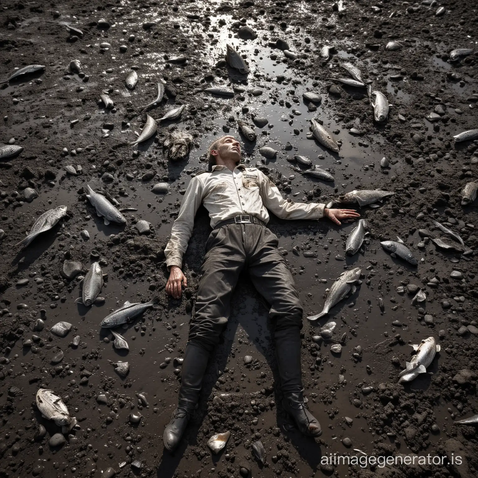 The exhausted sailor lies on damp black earth stretching in all directions. The sun shines mercilessly. Rotting dead fish were scattered around, and amid the repulsive mud of the endless black plain, there protruded even less understandable remains.