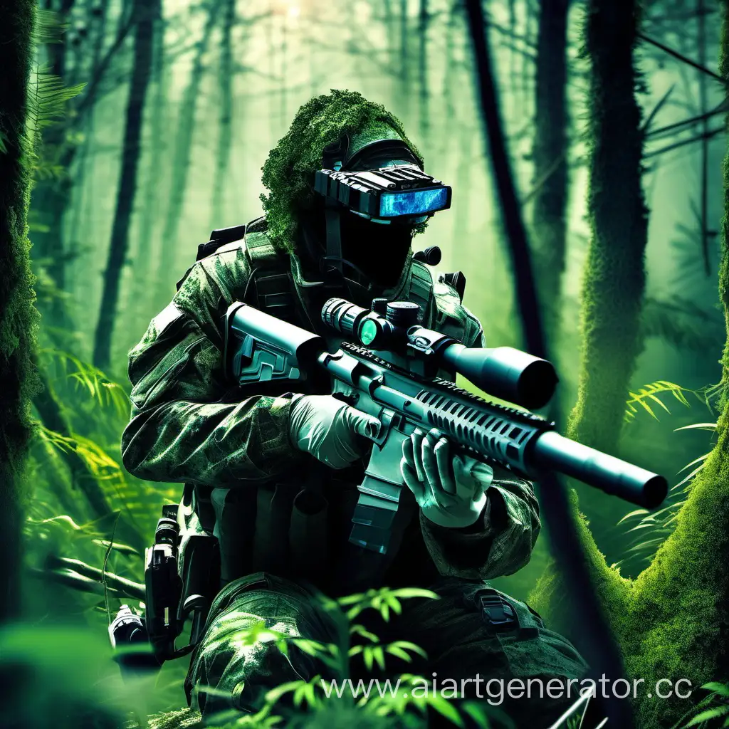 A futuristic sniper, clad in an advanced forest camouflage suit, expertly blending into the dense foliage of a lush forest. The sniper's face is concealed behind a high-tech mask that seamlessly integrates with the suit, allowing them to breathe and see clearly. They crouch in a strategic position, their body language indicating readiness and focus. The sniper's weapon of choice is a state-of-the-art Night Vision rifle, equipped with an advanced thermal scope and a silencer. The rifle is nestled comfortably against their shoulder, their gloved hand gripping the stock tightly. The forest is illuminated by a faint glow emanating from the sniper's NV goggles, which are perched on their forehead, allowing them to navigate through the darkness with ease. In the distance, the sniper's target can be seen moving stealthily through the trees. The air is tense and heavy with anticipation as the sniper readies their weapon and takes a deep breath, preparing to make the shot.