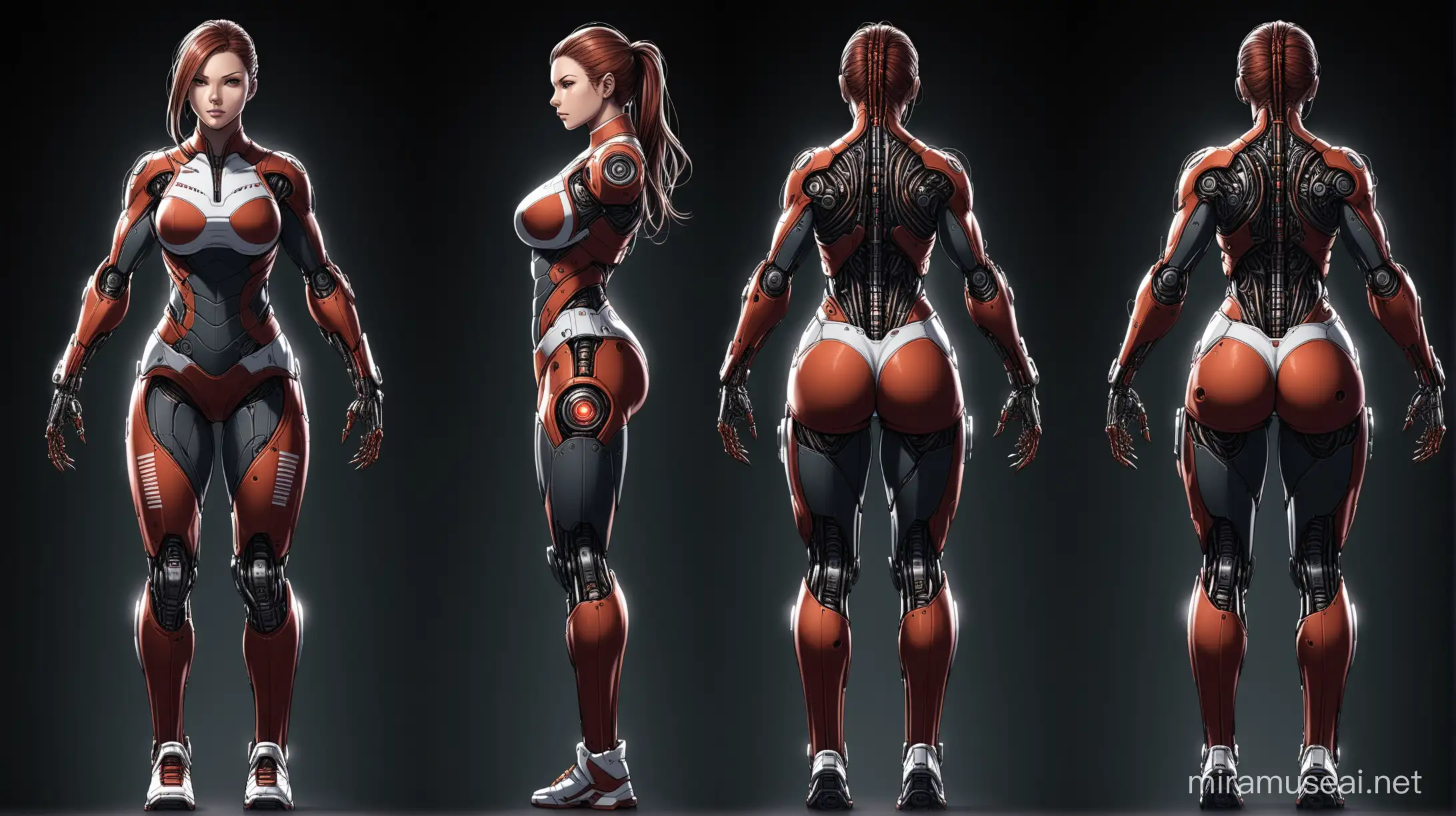 A illustration, for a character reference sheet, for a Mass Effect style cheerleader, with a busty athletic body, machine parts, wires intricate, full body, turn around, front view, back view, head-to-toe, standing poses, body in frame, hard, delicate, brutal, tough, stiff, crude, octane render, highly detailed, volumetric, dramatic lighting, insanity detailed hands, biomechanical android, anatomy illustration, Science fiction background, flawless face, perfect face, highly detail face, flawless eyes, perfect eyes