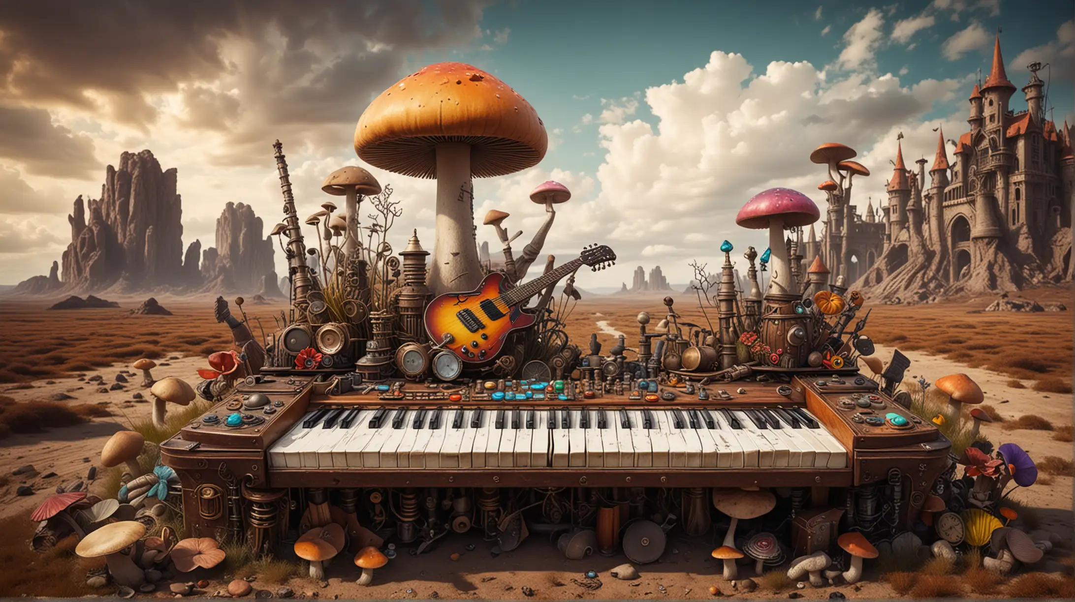 Vibrant Steampunk Gothic Landscape with Musical Instruments