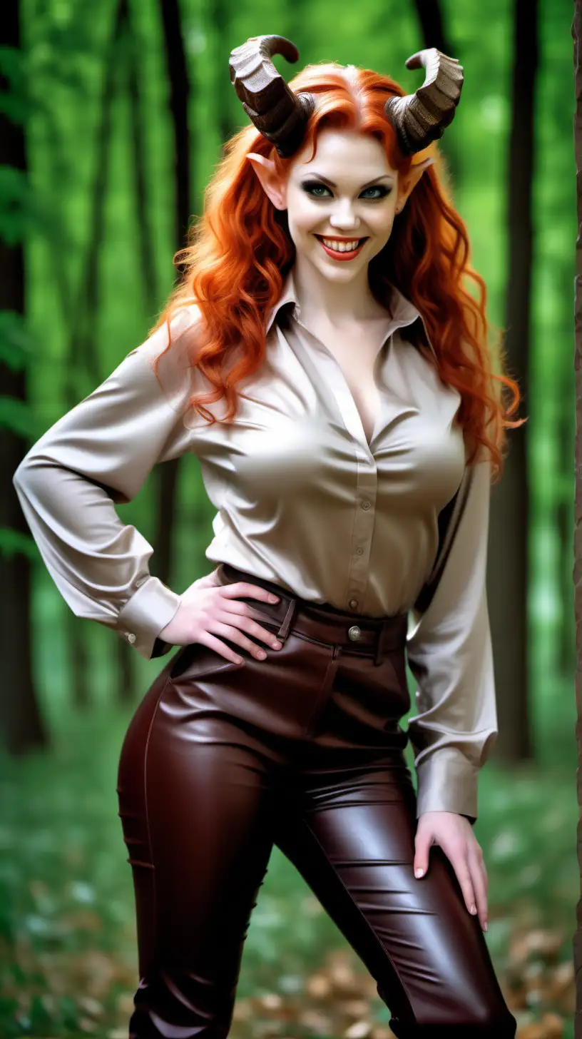 Well lightet realistic photo mythological Satyr women ginger head with huge brests , beautiful friendly face in nice smile siting in park in satin wet  blouses bosses office uniform , and leather pants Satyrs were also associated with the wild nature and were often seen as personifications of chaos and savagery.