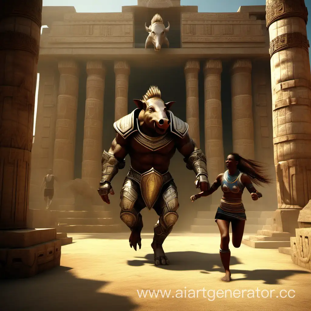 Боевой кабан в броне и волейболист , бегут и держатся за руки, в храме Зепара.