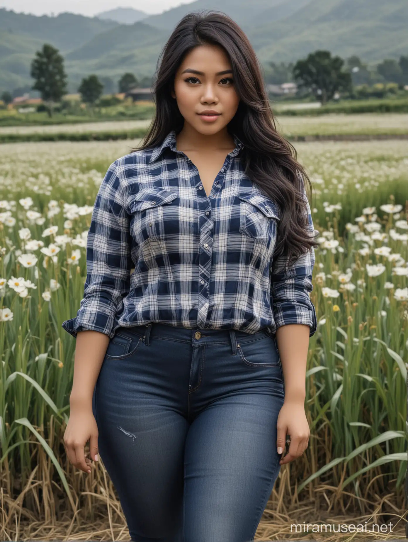 Photography realistic, masterpiece, a woman from Indonesia, (fat curvy body), (big breaasts), detailed face, long black hair, wearing a black and blue plaid flannel shirt, white t-shirt, black jeans, shoes, standing stylishly, looking at the viewer, very beautiful scenery, flower garden background, in a rice field area in the countryside, very beautiful, close up, very detailed, realistic, resolusi 32k QHD, aesthetic, cinematic, HDR.