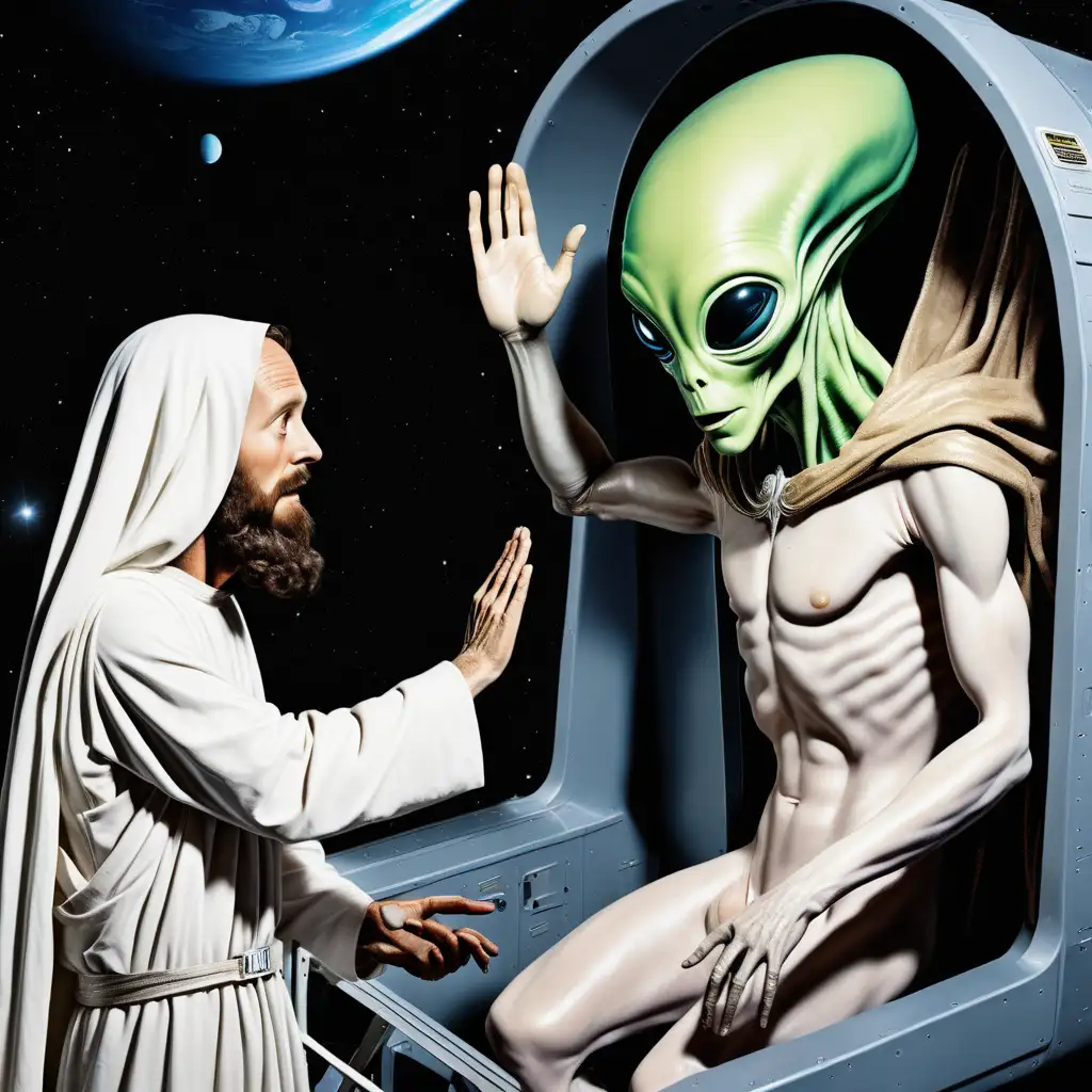 an alien holding jesus as he boards spacecraft