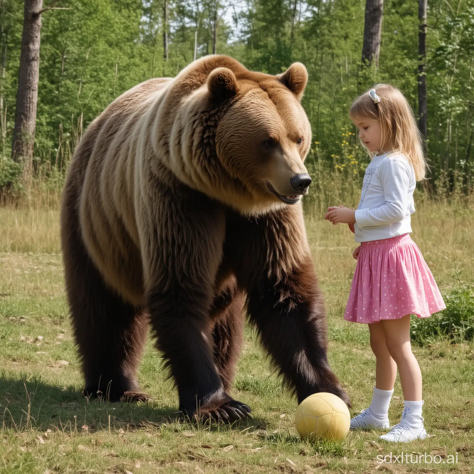 The bear and the girl Masha are playing with a ball.